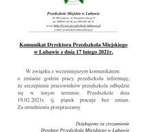 Komunikat Dyrektora Przedszkola Miejskiego w Lubawie