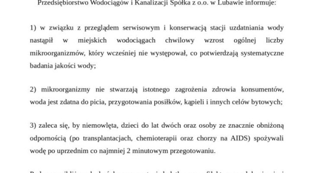 Komunikat Przedsiębiorstwa Wodociągów i Kanalizacji Sp. z o.o.