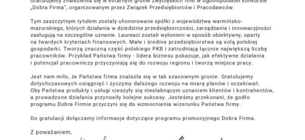 Statuetka „Dobrej Firmy” dla lubawskiego Przedsiębiorstwa Wodociągów i Kanalizacji Sp. z o.o.